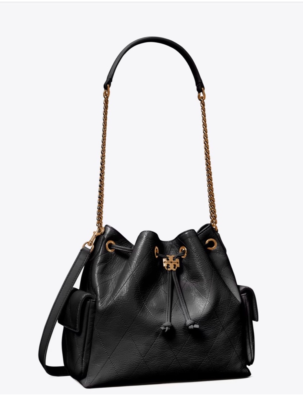 Tory Burch Charlie Black Quilted Leather Drawstring Shoulder Bag Small - Picture 8 of 9